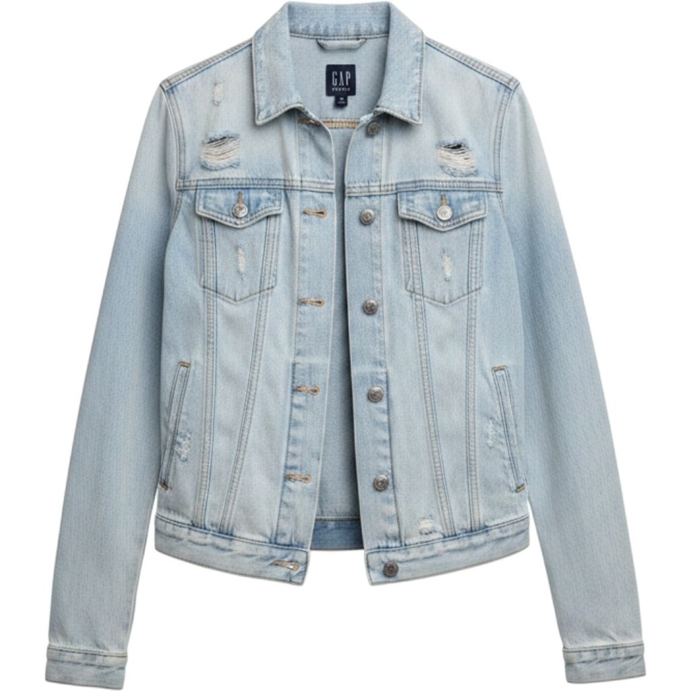 GAP Denim Icon Jacket Distressed Light Wash XS Women‎ Blue Jean Trucker Vintage